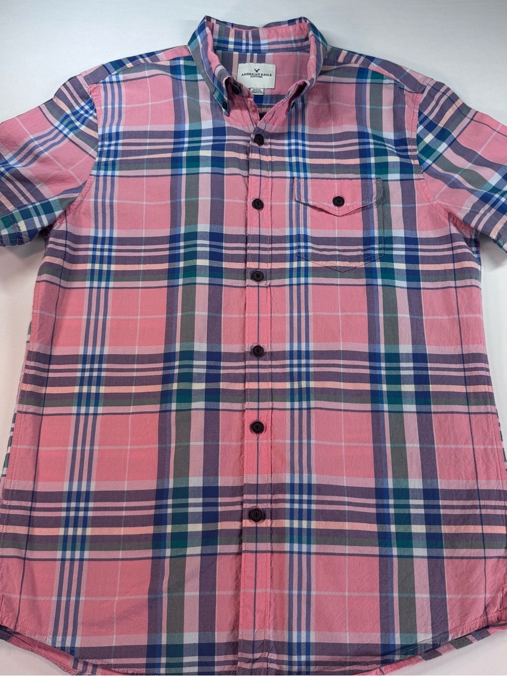 AMERICAN EAGLE OUTFITTERS Classic Fit Button-Down SS Shirt, Pink/Blue, Plaid, M
